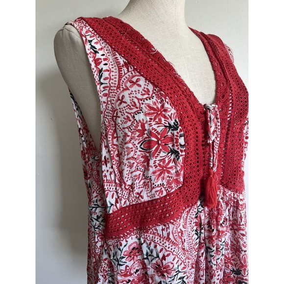 Torrid Babydoll Tank Top Lace-Up Crochet Sleeveless Red Floral Boho 1X - Picture 5 of 14